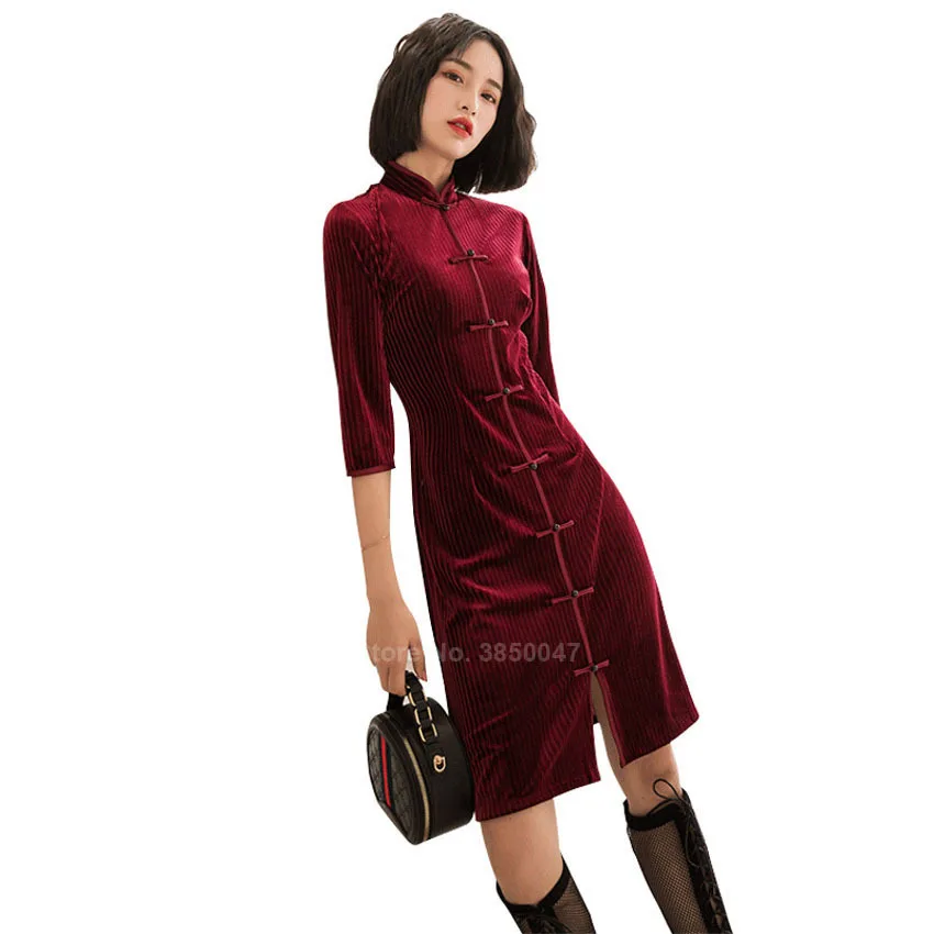 

Autumn Winter Velvet Women Cheongsam Dress Traditional Chinese Wedding Dresses For Girl New Year Elegant Qipao Tang Suit Clothes