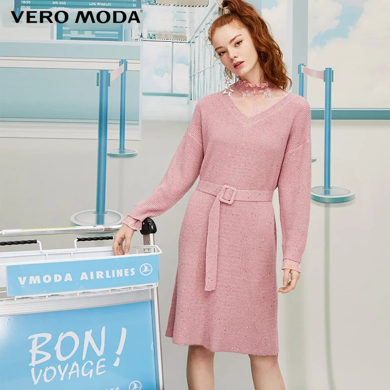 Женское трикотажное платье с кружевным воротником и блестками Vero Moda |