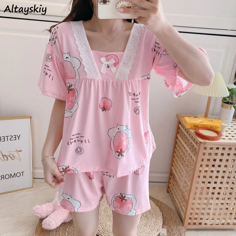 

Pajama Sets Women Summer Fruit-Printed Loose Casual Homewear Ladies Colorful Comfortable Sleepwear Teens Korean Style Sleepwear