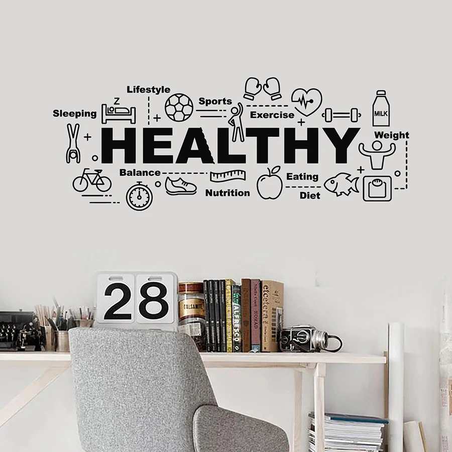 Healthy Lifestyle Wall Decal Balance Sport Food Words Vinyl Window Stickers Home Decor for Bedroom Living Room Gym Mural M241