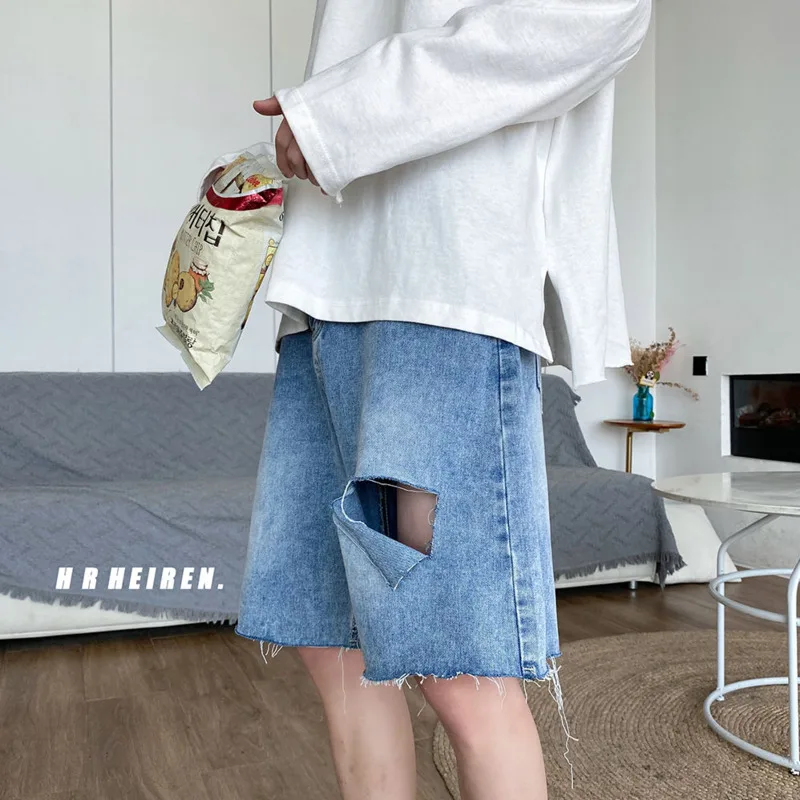 

Summer Ripped Denim Shorts Men's Fashion Casual Blue Denim Shorts Men Streetwear Loose Hip-hop Hole Denim Shorts Mens Jeans