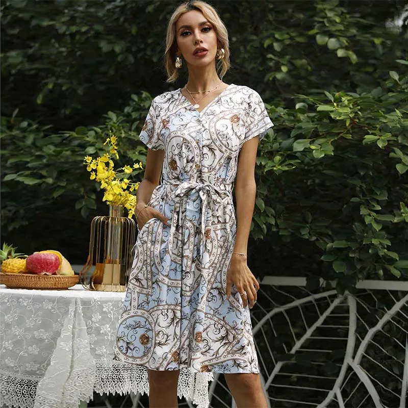 

Casual Dress Summer 2021 Women Clothes Print Short Sleeve V Neck Pocket High Waist Dresses Female Bandage Button Dress