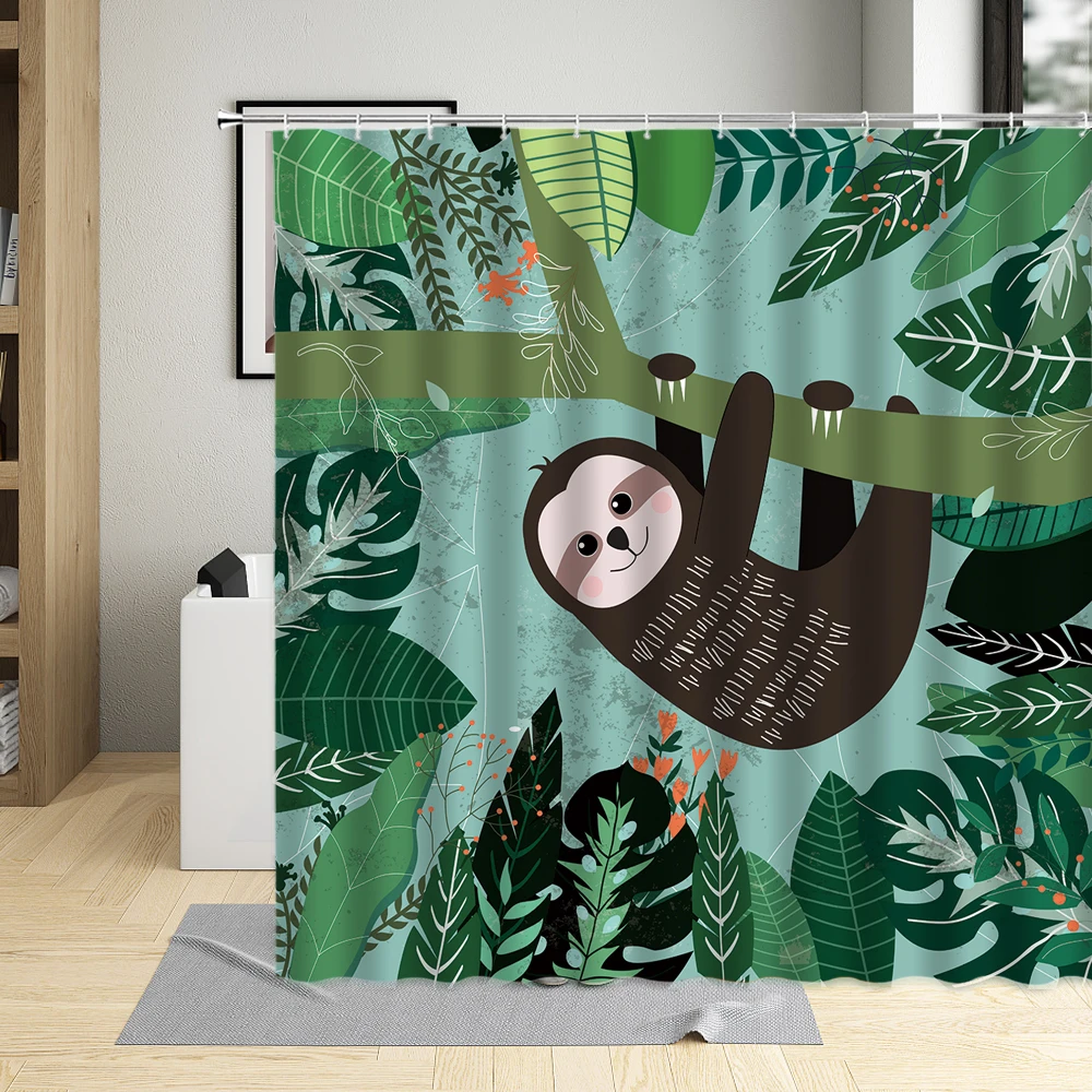 

Funny Sloth Tree Cartoons Bathroom Curtains Jungle Animal Waterproof Polyester Fabric Bath Shower Curtain Kids Decor Screens
