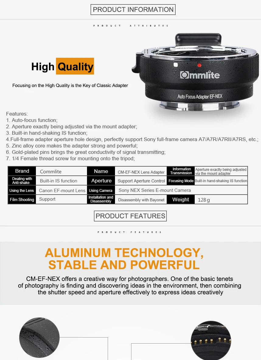 Адаптер Commlite с автофокусом CM-EF-NEX для объектива Canon EF для sony серия NEX с e-креплением, включая полнорамную камеру A7A7RA7R3