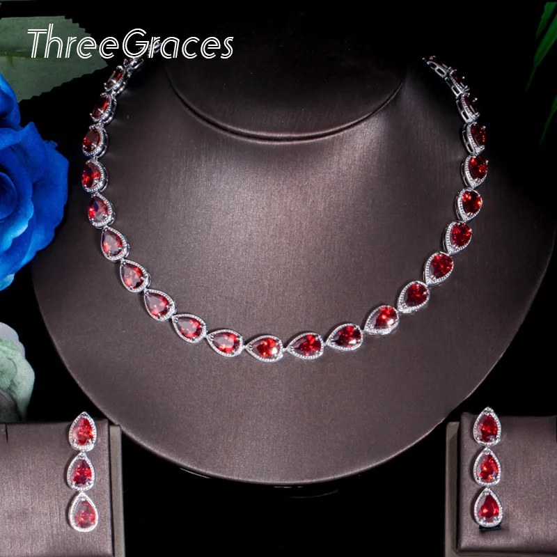 

Женский комплект из колье и серёг ThreeGraces, роскошные вечерние серьги с красным кристаллом в форме капли из фианита, TZ533