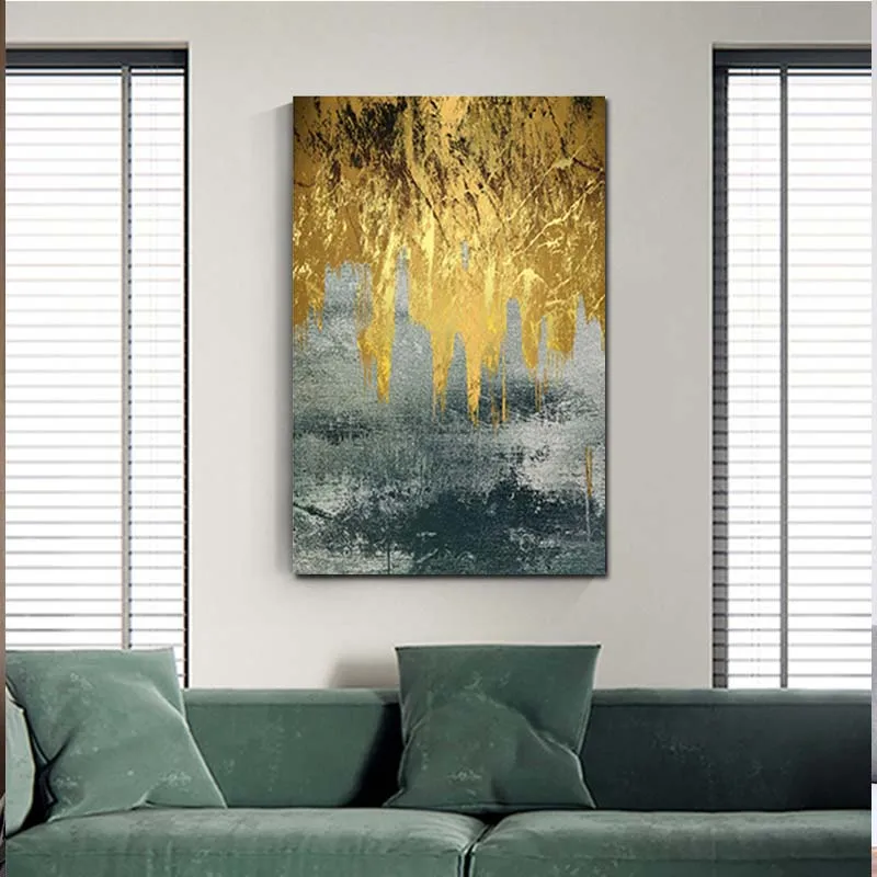 

Hand Painted Modern Abstract Blue Gold Foil Wall Art Oil Painting On Canvas Wall Pictures Living Room Bedroom Home Decoration