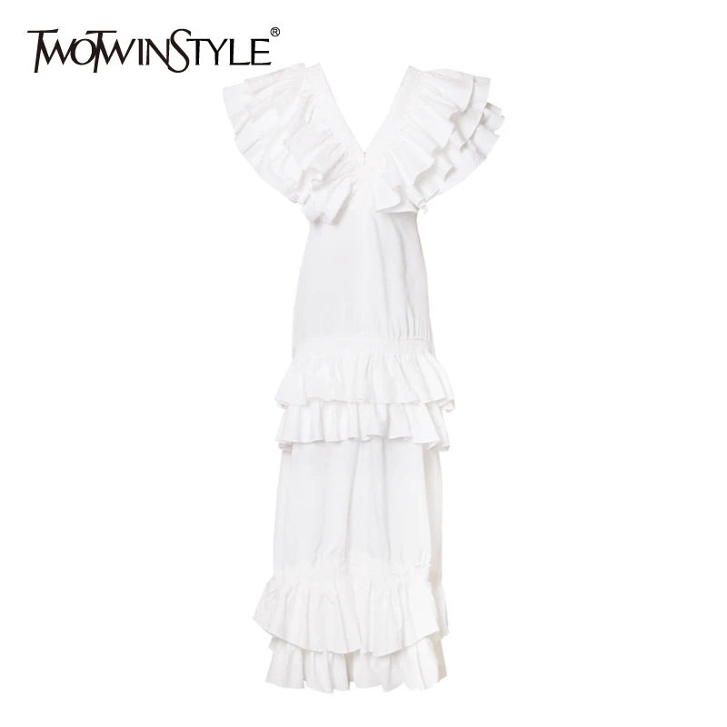 Женское Макси-Платье С Рюшами TWOTWINSTYLE белое Макси-платье составного кроя с