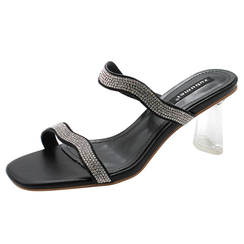 

Women's shoes 2021 summer new square toe thick heel sandals leisure vacation fashion rhinestone one-line open toe sandals