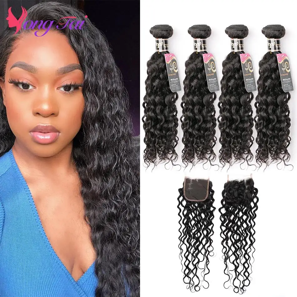 Brazilian Water Wave Human Hair Extensions Raw Hair Bundles With 4x4 Lace Closure Curly Natural Color Free Shipping From China