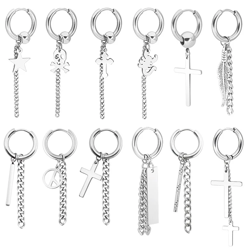 

Trendy Men's Stainless Steel Chain Earrings Cross round Black Ear Clip Men's Creative Modeling Hot