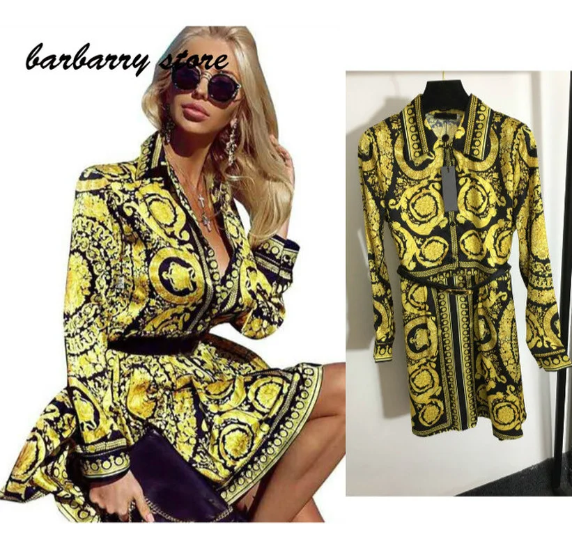 

Summer high quality elegant retro Blouse Dress Fashion printing belt slim temperament short skirt sexy party long sleeve dress