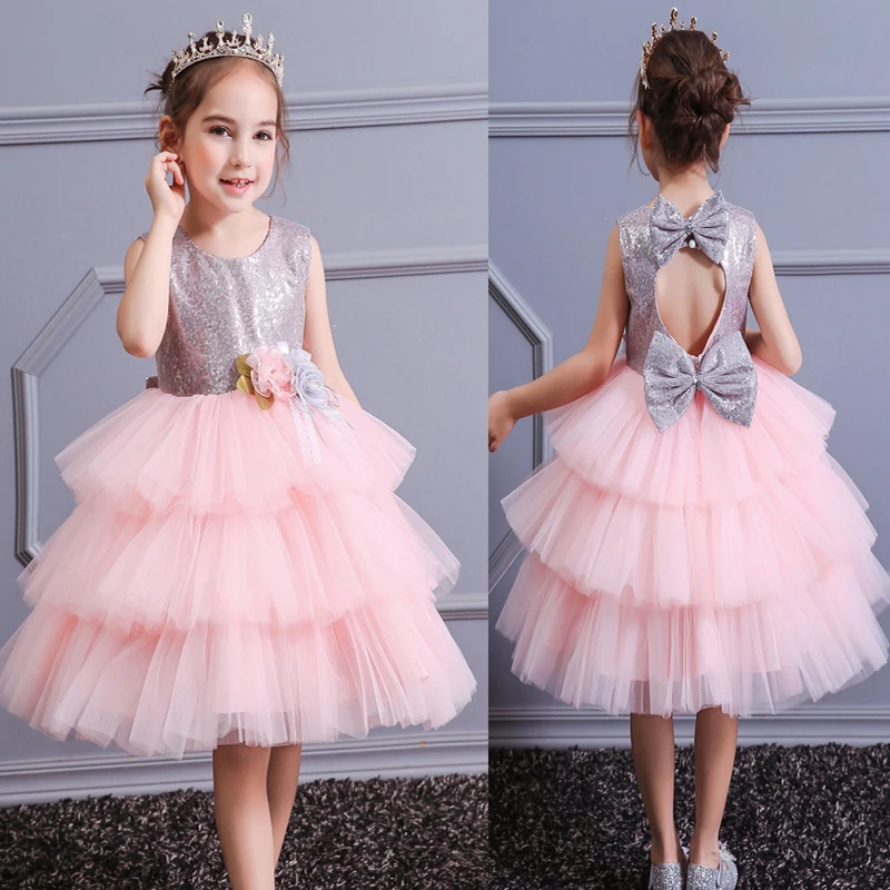 Champagne Gray Pink Purple Girl Flower Sequins Tulle Cake Princess Dress Kids Party Birthday Wedding Gown 3-12Y BW011 | Детская одежда