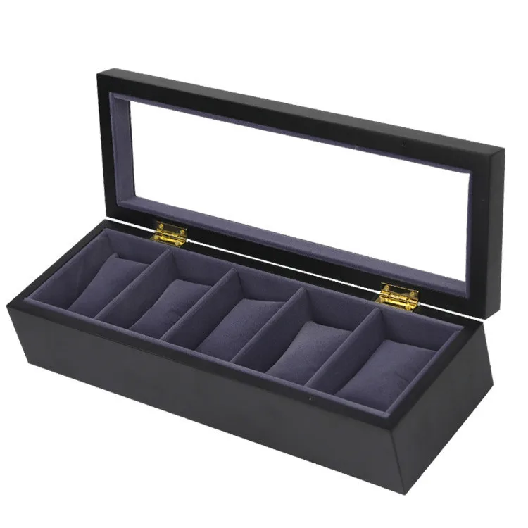 

luxury Design 2019 New Muted Black Wooden 5 Slots Watch Gift Boxes Black Velvet Cushion Display Storage boite rangement montres