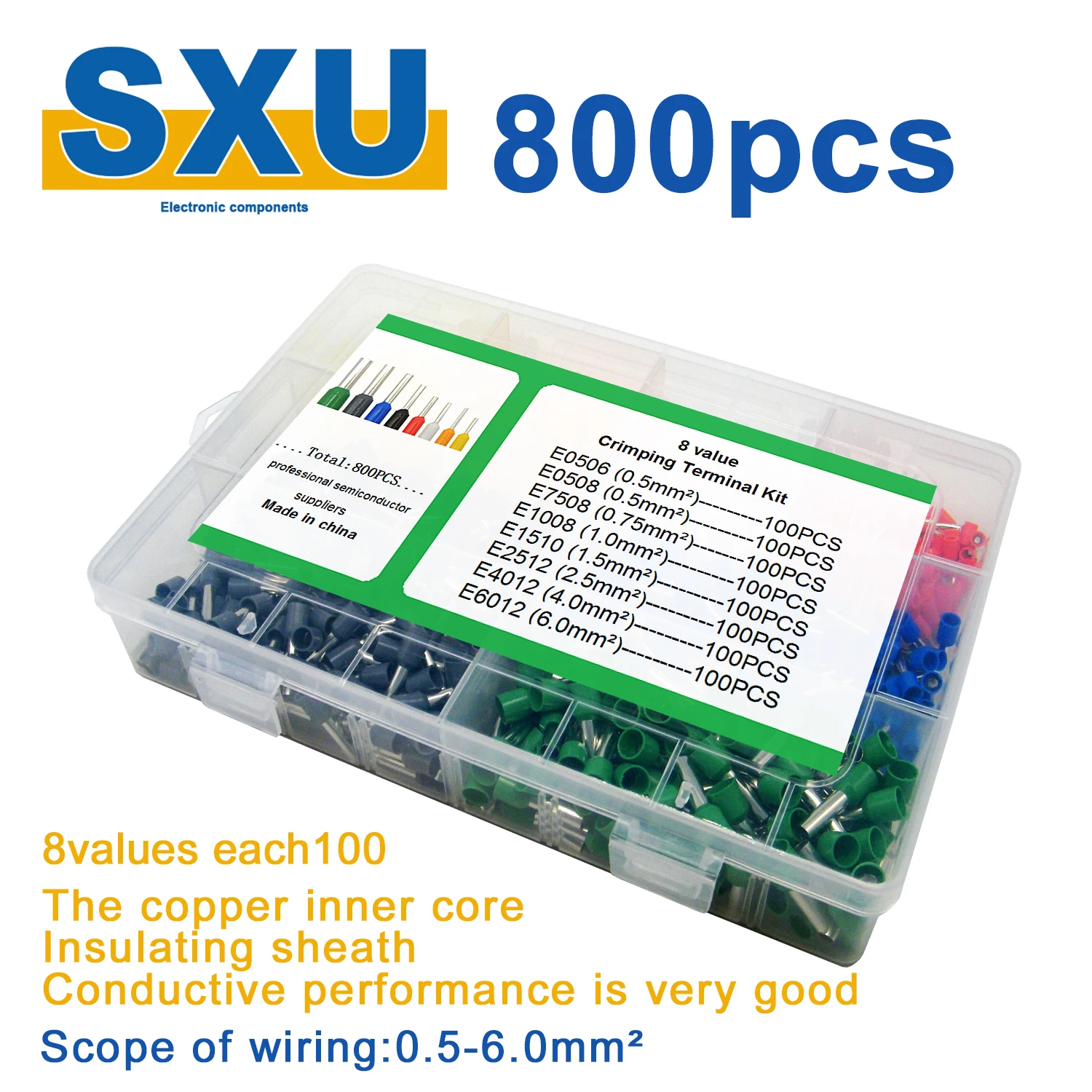 Изолированные наконечники-терминалы в коробке 800 штук E0506 E0508 E7508 E1008 E1510 E2512 E4012 E6012 0.5-6мм² проводной коннектор Терминатор.