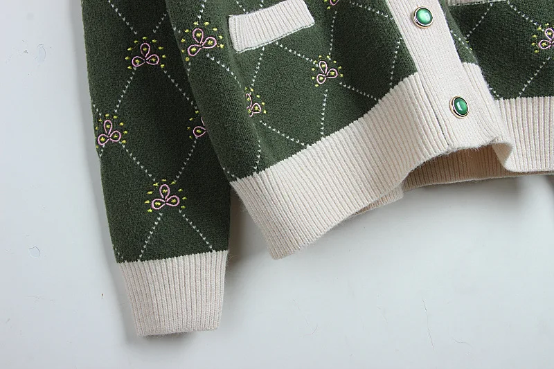 

Autumn Winter New Style Crew Neck Green Embroidery Flower Women'S Knitwear Cardigan Coat Sweater Korean-style Wear Curren