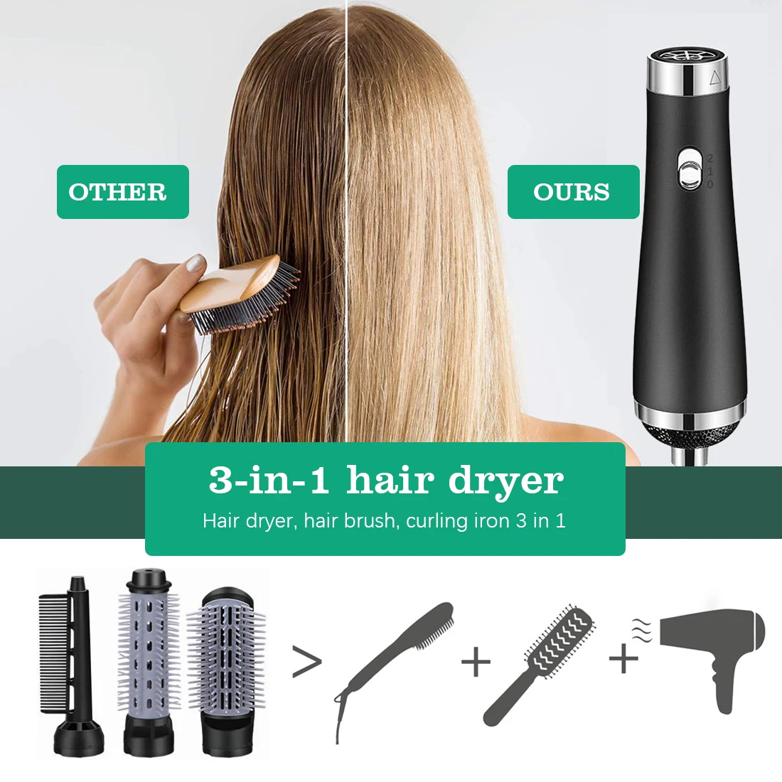 

3 in 1 Ionic Hair Dryer Brush Volumizer Hot Air Brush Rotating Hair Straightener Comb Hair Curler Curling Brush Hair Styling