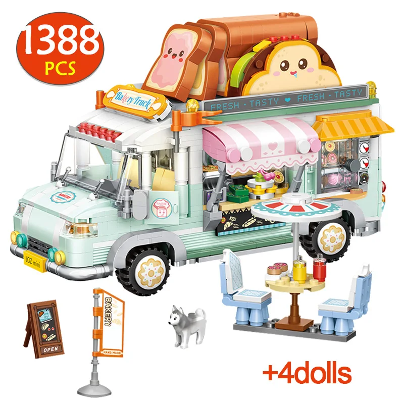 

1388pcs LOZ Mini City Street View Bakery Truck Dining Car Building Blocks Friends Bread Beverage Figures Bricks Toys For Kids