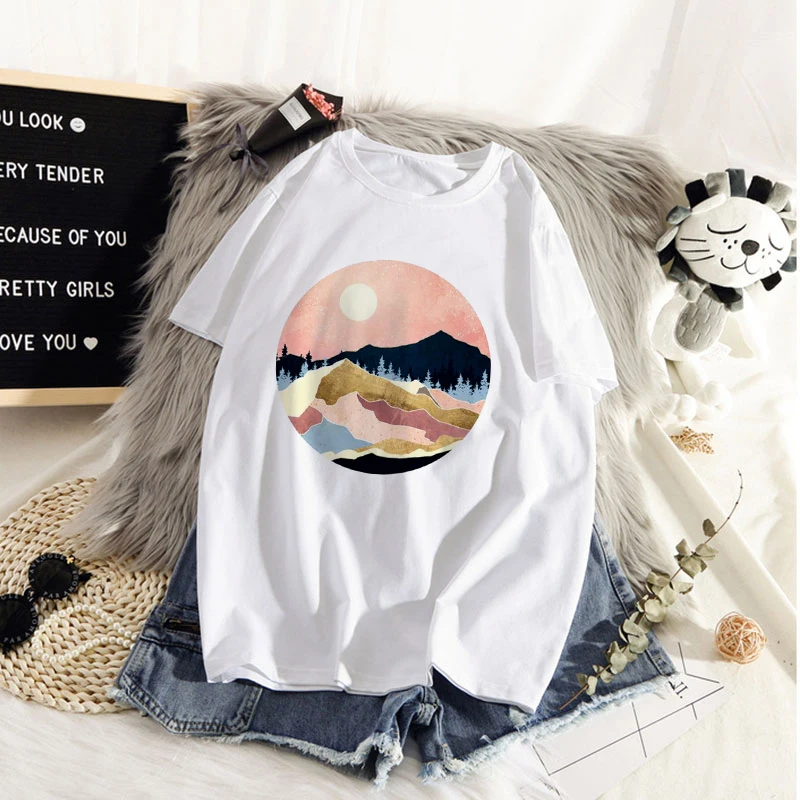 

2022 Summer Women T-shirt Mountain pictures Printed Tshirts Casual Tops Tee Harajuku 90s Vintage White tshirt Female Clothing