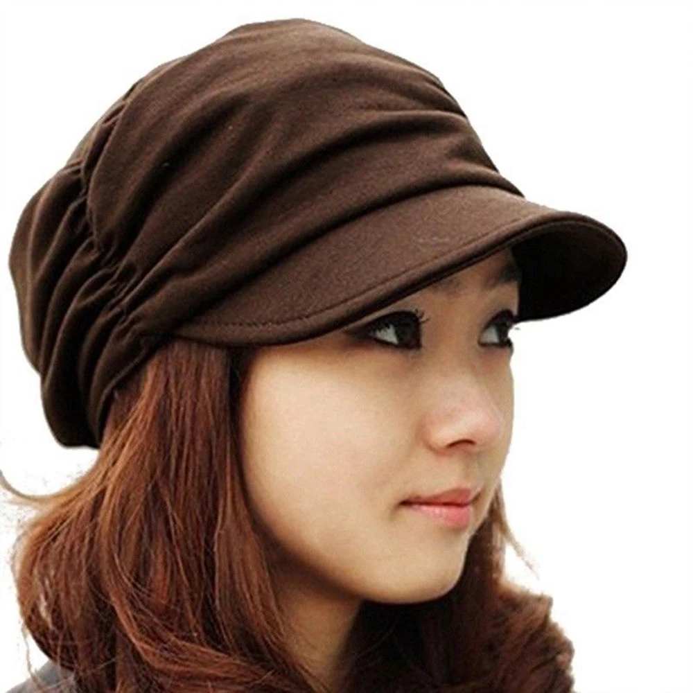 

2019 Korean Solid Hat Women Autumn Winter Knited Hat Pleated Newsboy Cap Warm Outdoors Visor Skull Brown Cotton Casual Female