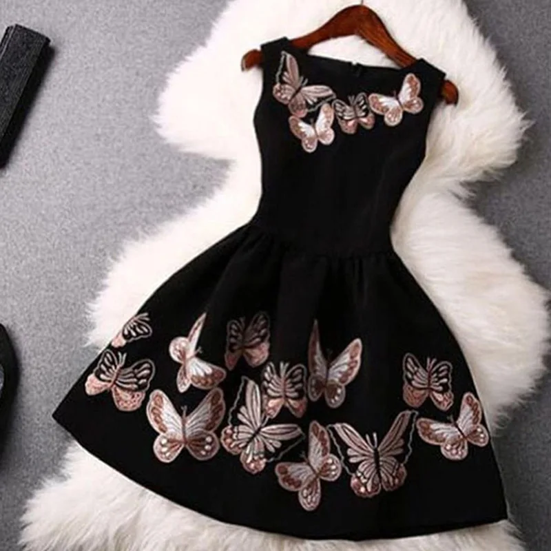 

Women Slim O-Neck Mini Dress Summer Women Sleeveless Butterfly Print Vintage Dress Fashion Elegant Female High Waist Party Dress