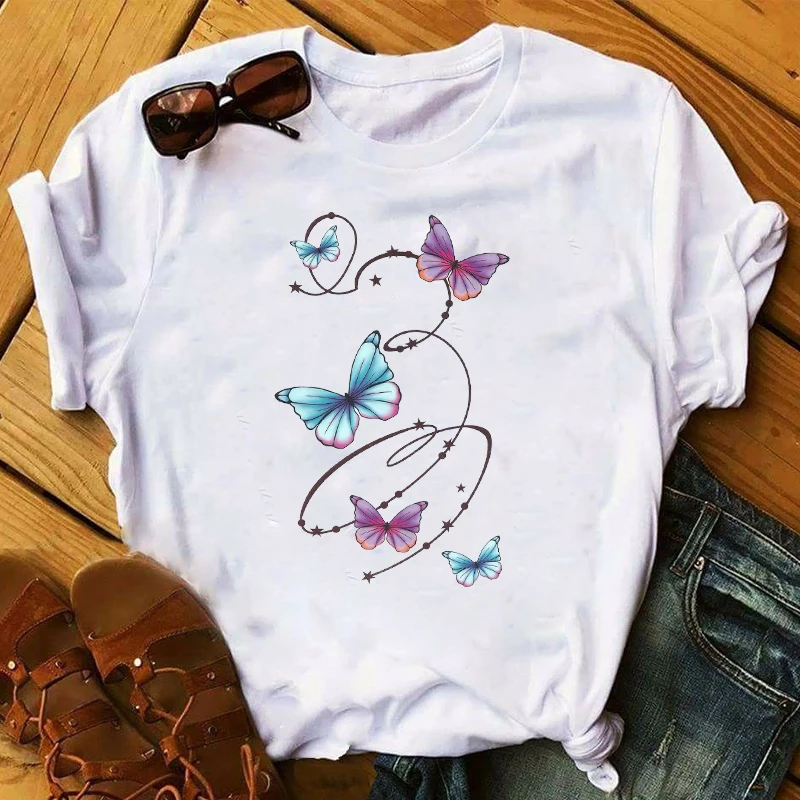 

Beautiful artistic style Cartoon Butterfly Print Fashion Cute Womens Top Aesthetic Clothes Graphic loose Female Tee T-Shirt