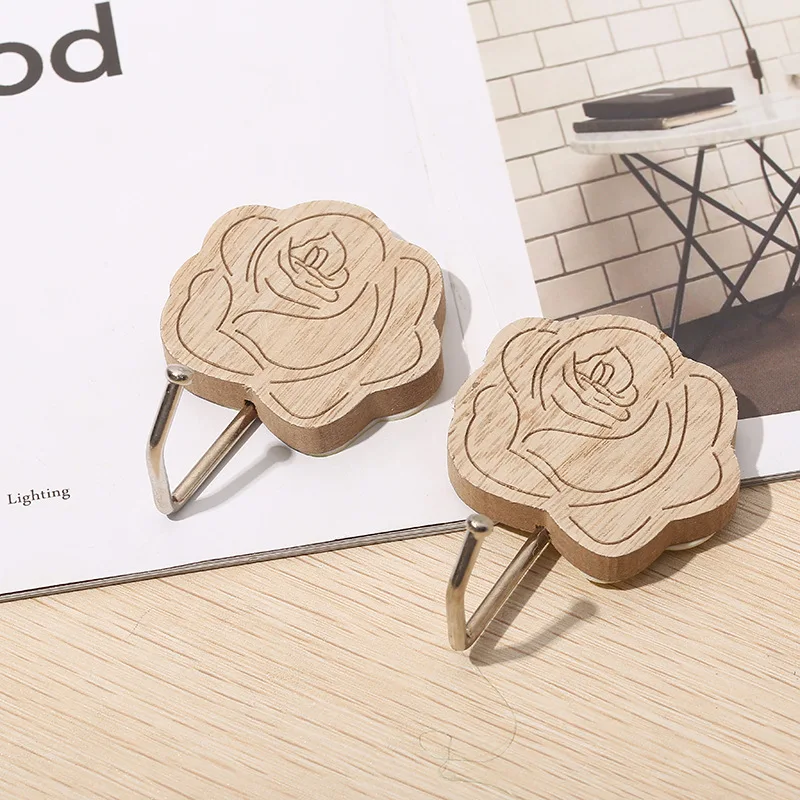

2pcs Wooden Rose Flower Hooks Wall Hook Kitchen Bathroom Free Punching Hook Household Indoor Children's Room Decoration Hooks
