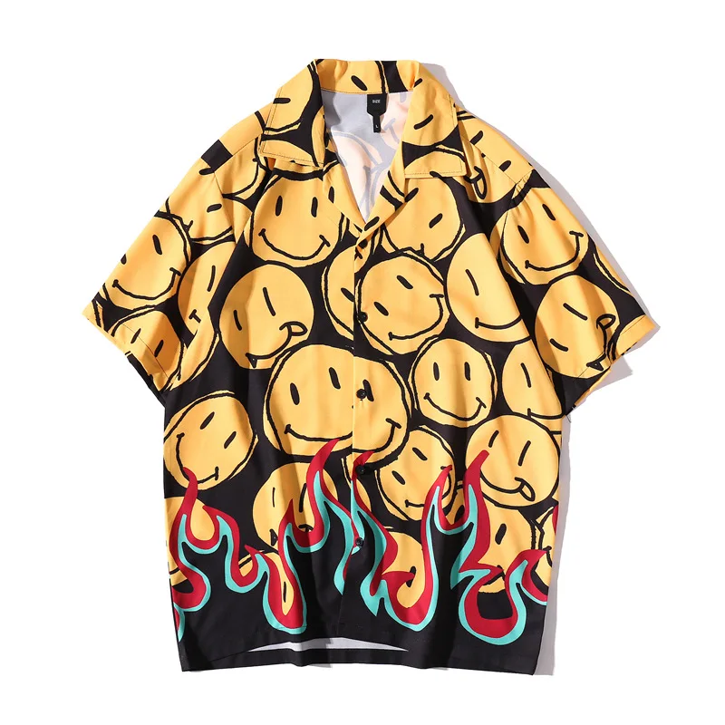 

Summer New Streetwear Print Smiley Face Blouse Hip Hop Punk Flame Blouses Feamle Harajuku Short-sleeve Couple Inch Shirts Unisex