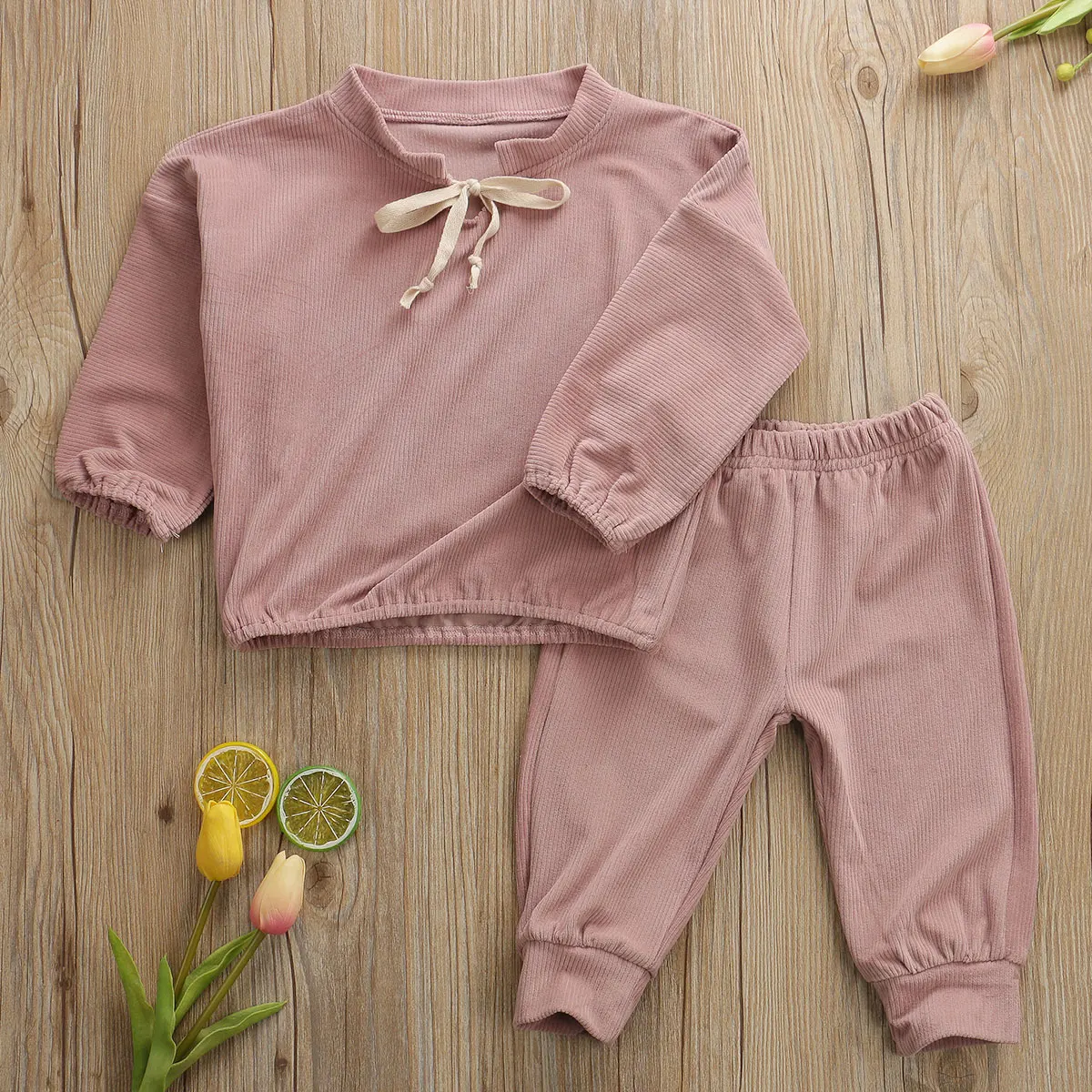2PCS Kids Baby Boy Girls Toddler Corduroy Sweatshirt Sports Pullover Tops +Pants Pink Brown Clothes Sets | Детская одежда и обувь