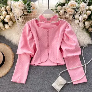 2021 Spring Autumn New Women French Retro Palace Style Square Collar Puff Sleeve Short Single-breasted Slim Polka-dot Top Y416