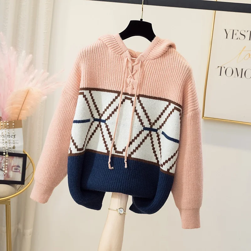 

Женский пуловер с капюшоном, винтажный трикотажный пуловер с забавными цветными вставками, свитер для отдыха на зиму