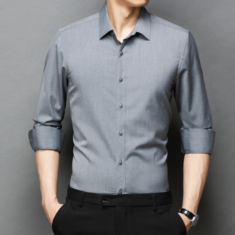 

Men Solid Color Business Shirt 2021 New Slim Casual Lapel Long Sleeve Blouses Commute Big Size 5XL Tops Male Brand Clothes