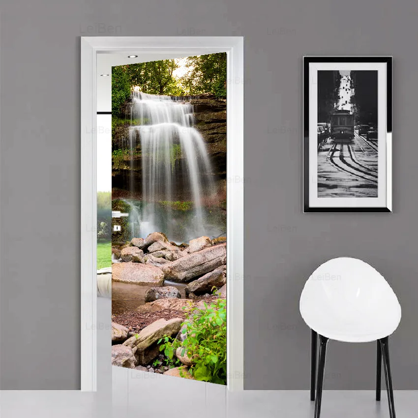 Self Adhesive 3d Door Stickers Forest Waterfall Landscape Art Renovation Living Room Waterproof Wallpaper Home Decor Picture | Дом и сад