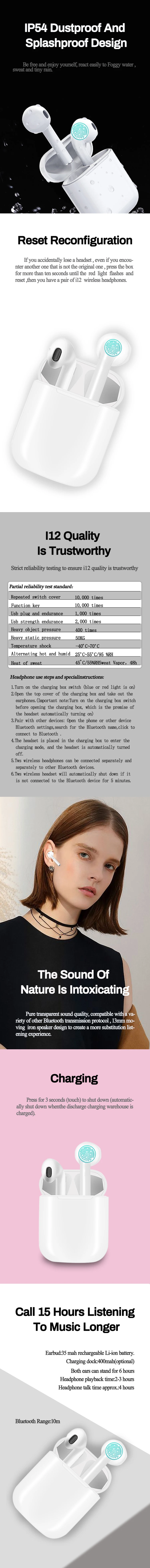 I12 TWS, беспроводные Bluetooth наушники, гарнитуры для iphone, Android, смартфон, I30, I100, I10