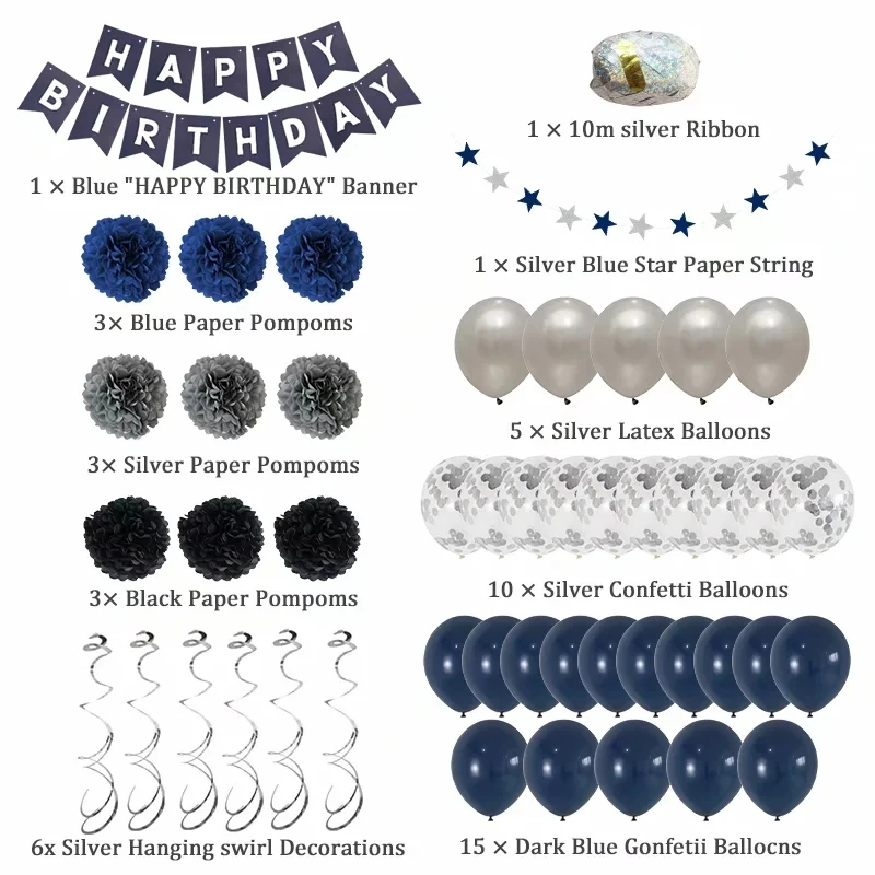 

48pcs Paper Pompoms Happy Birthday Paper Banner Balloon Set 12inch Gold Silver Confetti Latex Helium Globos for Happy Birthday