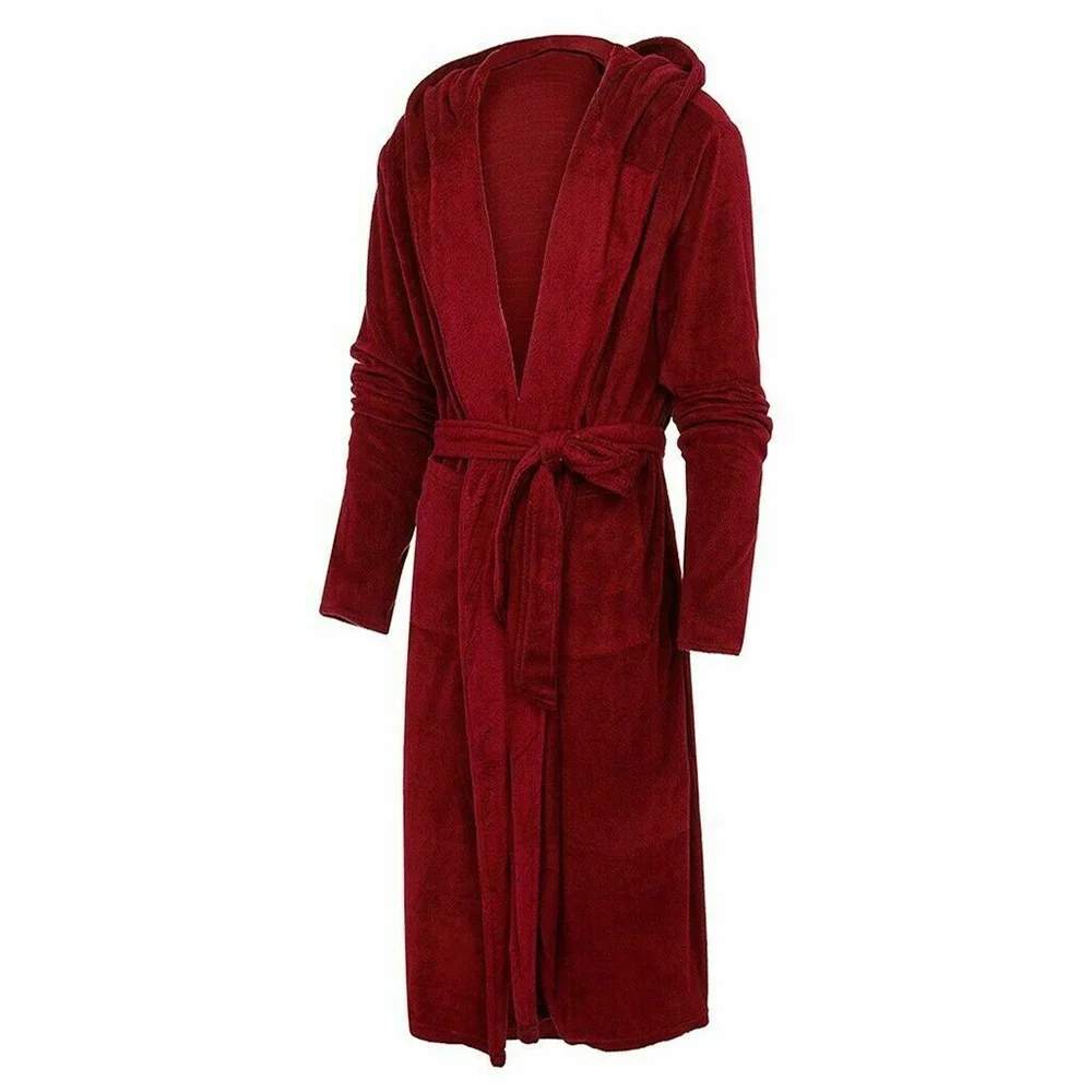 

Solid Color Bandage Bathrobe Long Sleeve Hooded Mens Robe Male Lounge Wear Dressing Gown