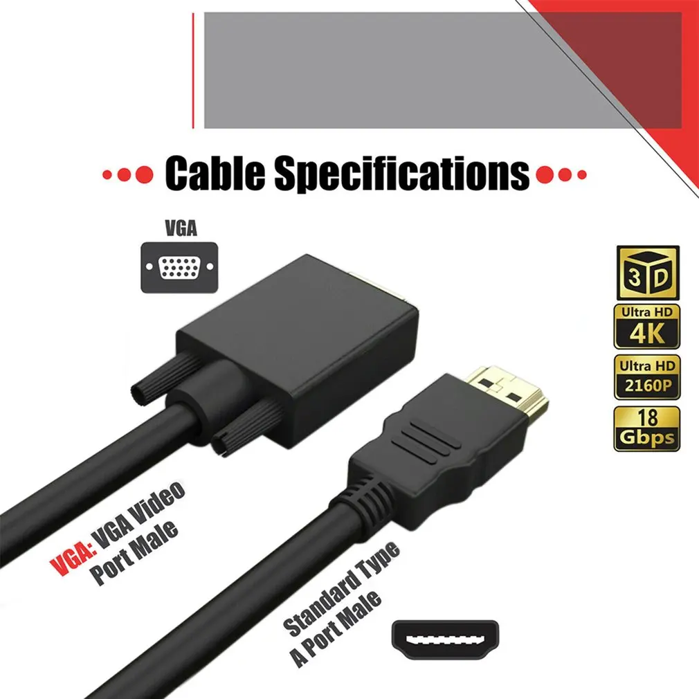 HDMI-compatible To VGA Cable Converter Adapter 1.8m For HDTV PC Desktop Monitors Video 1080P 6FT TVs And | Электроника