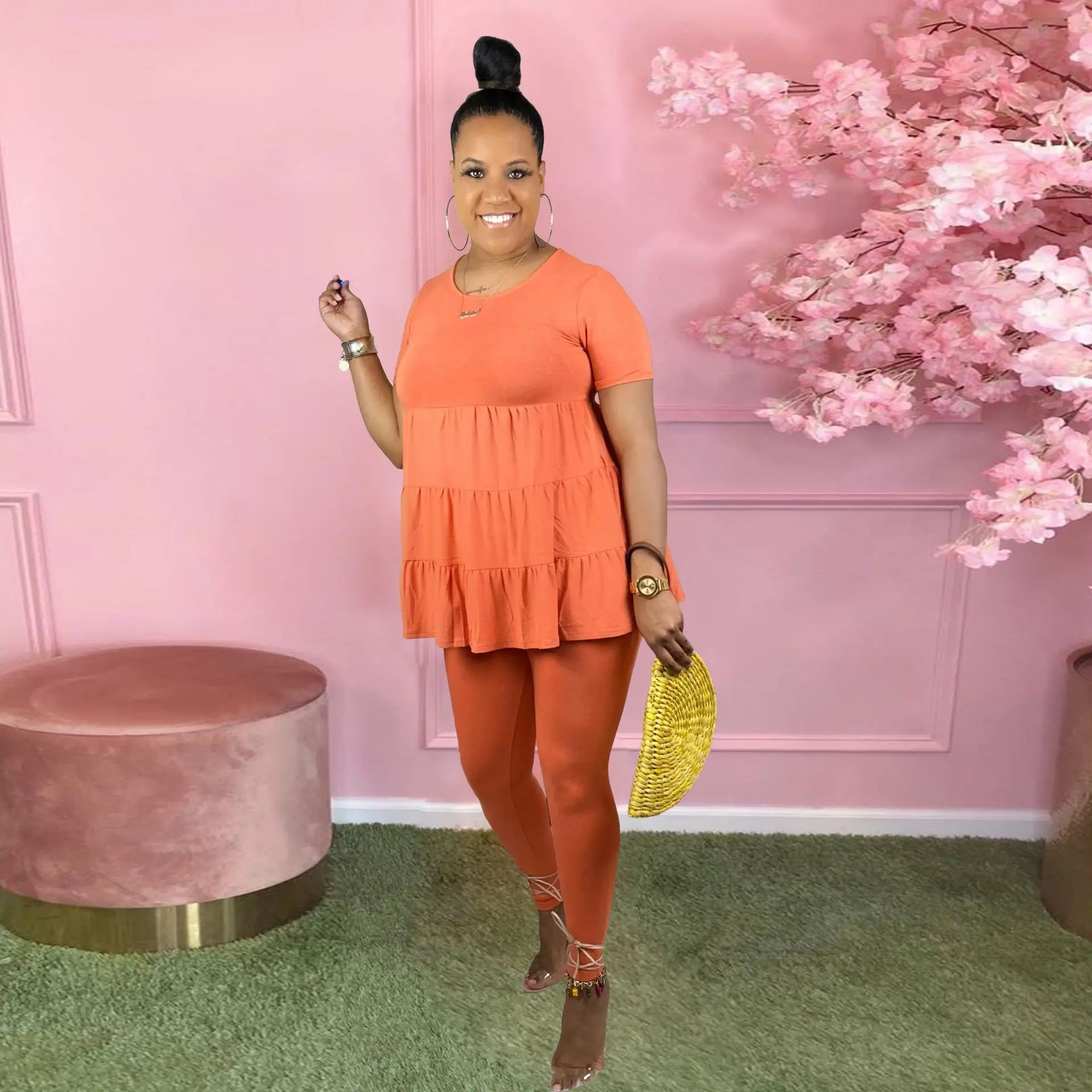 

Summer pleated tops and pencil pant set solid color 2 pieces matching suit lady casual tracksuits