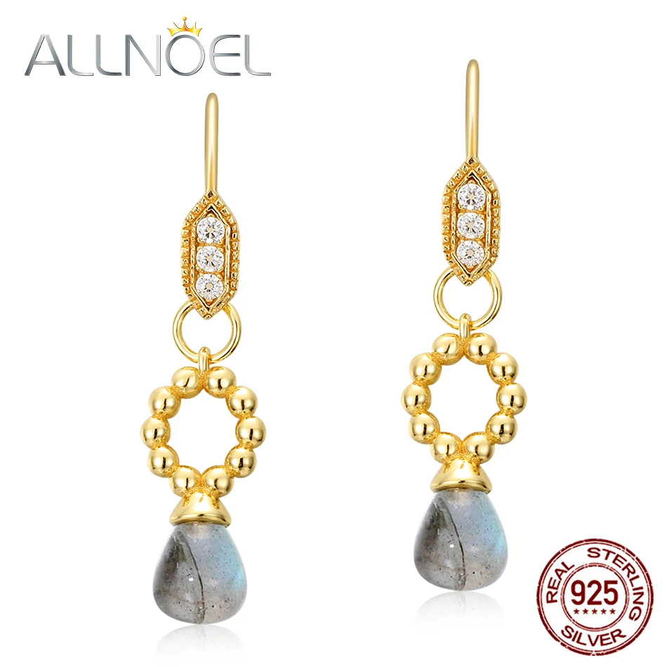 

ALLNOEL 925 Sterling Silver Jewelry Earrings Natural Labradorite Zircon Diamond Earrings For Women Luxury Wedding Brands New
