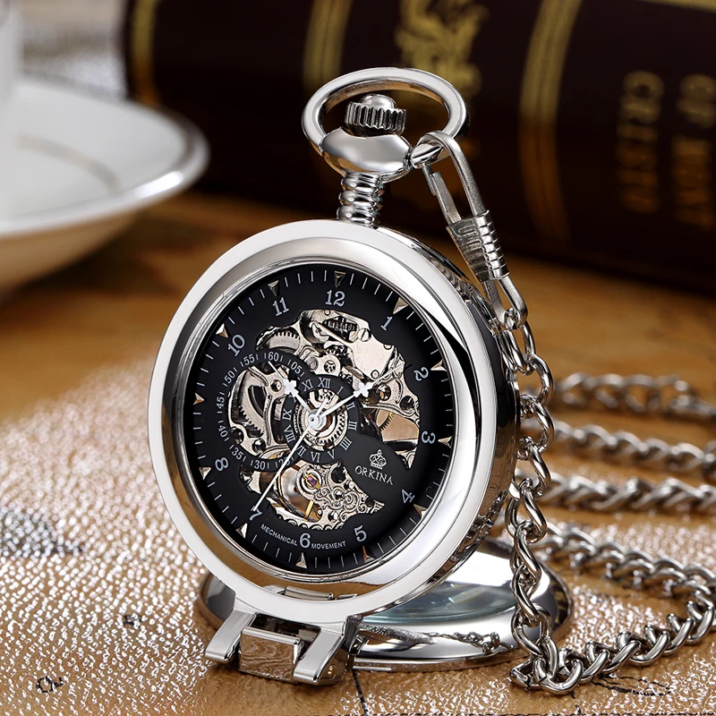 Gorben Golden Mechanical Pocket Watch Men Fashion Retro Casual Skeleton Dial Silver Hand Wind Male Fob Chain Watches