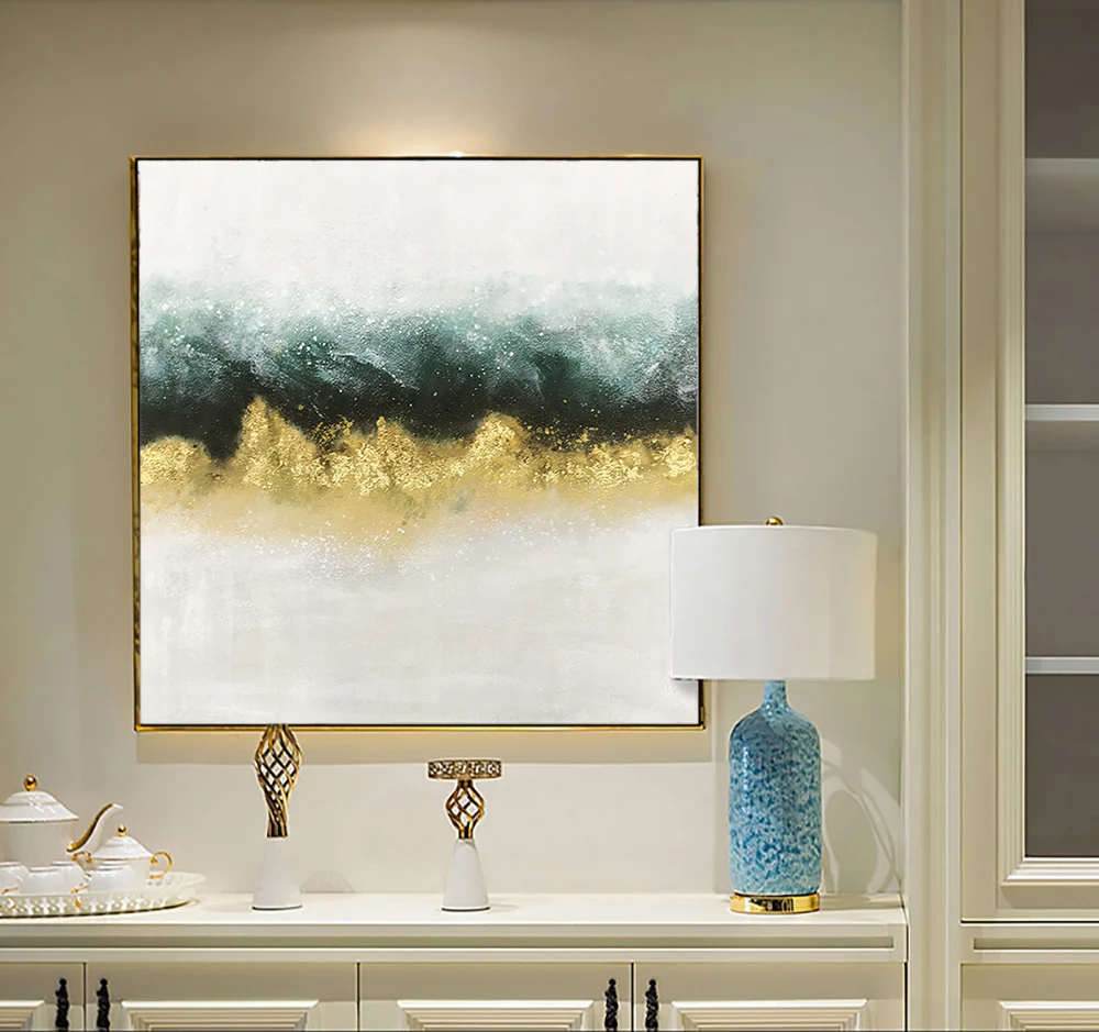 

Hand Painted abstract painting texture acrylic Modern art green oil painting Golden for living room wall Large home decoration