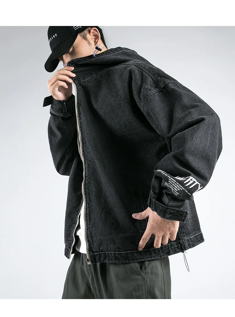 Новые осенние японские Стиль Street сзади письма печатаются с открытым швом; застежка-молния Для мужчин худи Джинсовые куртки Повседневное модные ветрозащитные пальто с капюшоном для мальчиков и девочек