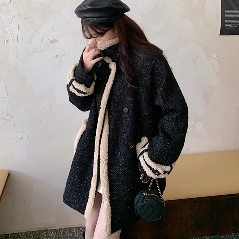 Женское твидовое пальто с карманами винтажное уличное теплое длинными рукавами