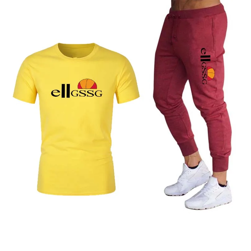 

Spring and summer men's sports suit, solid color short-sleeved T-shirt, tie rope and feet, slim cotton trousers, leisure sports