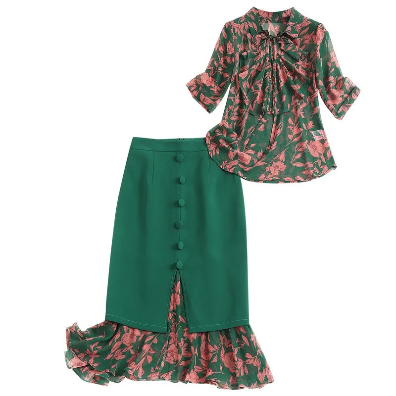 

2 Piece Womens Outfits Designer Ruffles Pullover Office Lady Tops Print+ Zipper Fly Skirts Matching Sets for Women green