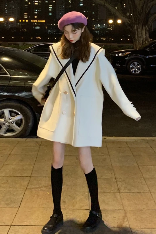 

Autumn new college style navy collar temperament coat loose thin small long-sleeved woolen coat for women