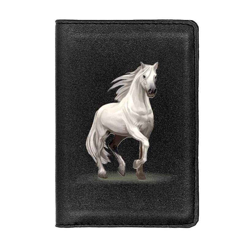 

White Fine Horse Design Passport Cover Men Women Leather Slim ID Card Travel Holder Wallet Document Organizer Case