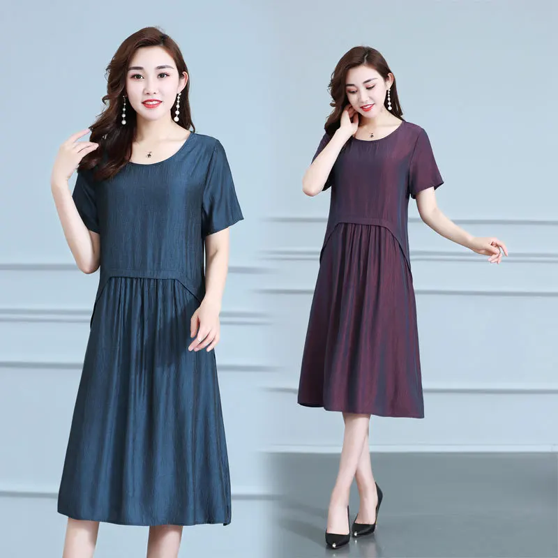 

Middle Aged Mother'S Summer Dress 40-50 Years Old Medium And Long Short Sleeve Round Neck Women'S Dress