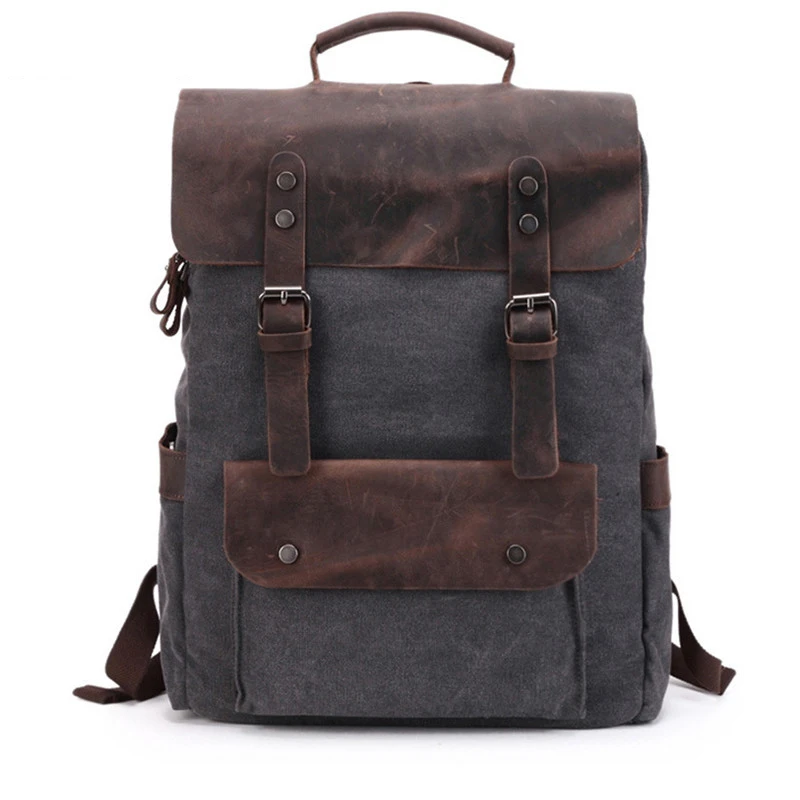 

Fashion Military Canvas Men's Backpack Genuine Leather Backpack Women Bagpack teenager school Bag Male large Trave Rucksack