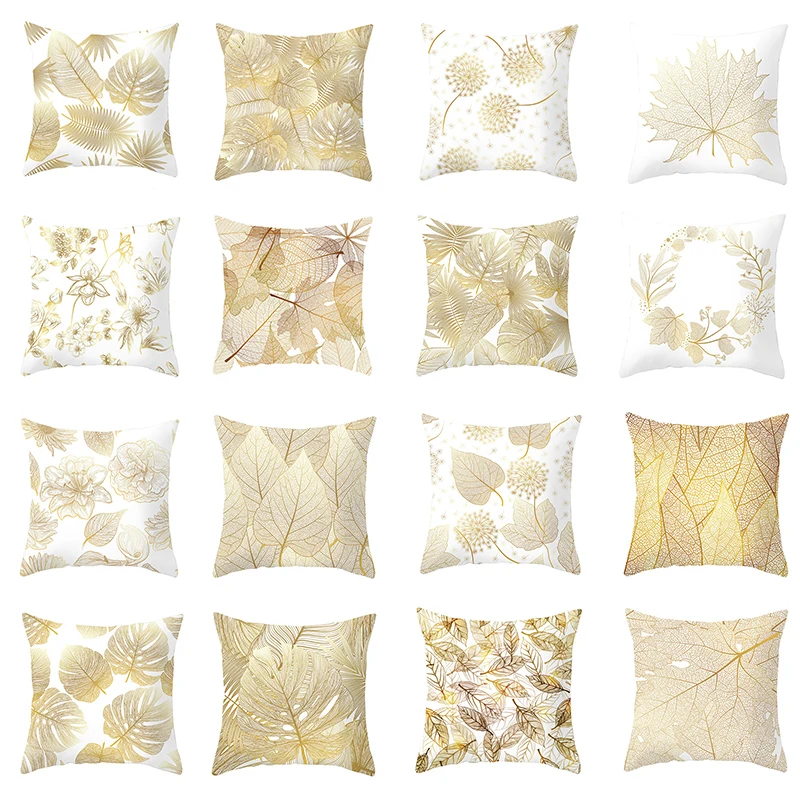 

Gold Leaf White Pillowcase Peach Skin Cushion Cover for Sofa Decorative Throw Pillows Covers Home Decor Pillow Cases 45*45cm 1pc