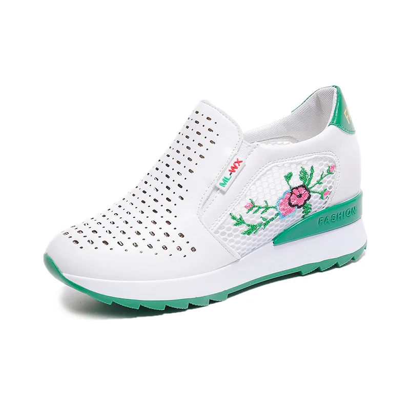 Summer Style Green Повседневные лоферы на высоком каблуке; дышащая обувь из вулканизированной кожи; женские кроссовки из искусственной кожи с круглым носком; обувь на платформе с вышивкой; tenis feminino - Цвет: Summer Style Green